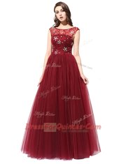 Scoop Burgundy Sleeveless Floor Length Beading Zipper Homecoming Dress