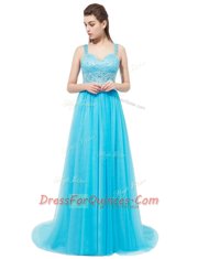 Captivating Brush Train Empire Prom Evening Gown Aqua Blue Straps Tulle Sleeveless With Train Zipper