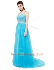 Captivating Brush Train Empire Prom Evening Gown Aqua Blue Straps Tulle Sleeveless With Train Zipper