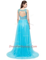 Captivating Brush Train Empire Prom Evening Gown Aqua Blue Straps Tulle Sleeveless With Train Zipper