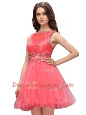 Hot Selling Watermelon Red A-line Bateau Sleeveless Organza Mini Length Zipper Beading and Lace Dress for Prom