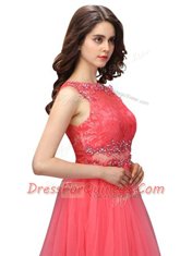 Hot Selling Watermelon Red A-line Bateau Sleeveless Organza Mini Length Zipper Beading and Lace Dress for Prom