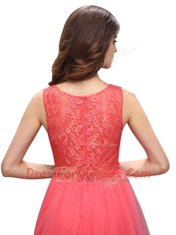 Hot Selling Watermelon Red A-line Bateau Sleeveless Organza Mini Length Zipper Beading and Lace Dress for Prom
