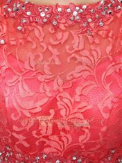 Hot Selling Watermelon Red A-line Bateau Sleeveless Organza Mini Length Zipper Beading and Lace Dress for Prom
