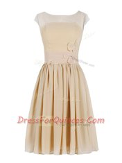 Beautiful Scoop Cap Sleeves Knee Length Appliques and Ruching Zipper Prom Party Dress with Champagne