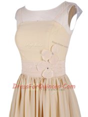 Beautiful Scoop Cap Sleeves Knee Length Appliques and Ruching Zipper Prom Party Dress with Champagne
