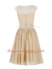 Beautiful Scoop Cap Sleeves Knee Length Appliques and Ruching Zipper Prom Party Dress with Champagne