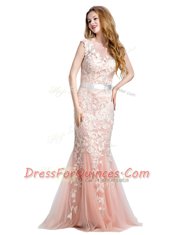 Scoop With Train Column/Sheath Cap Sleeves Pink Prom Dresses Brush Train Zipper