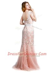 Scoop With Train Column/Sheath Cap Sleeves Pink Prom Dresses Brush Train Zipper