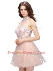 Affordable Beading Prom Party Dress Pink Zipper Sleeveless Mini Length