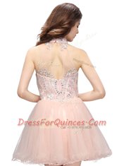 Affordable Beading Prom Party Dress Pink Zipper Sleeveless Mini Length