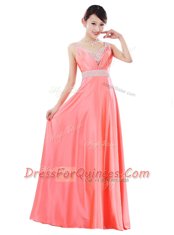 Watermelon Red Elastic Woven Satin Zipper V-neck Sleeveless Floor Length Prom Dress Beading