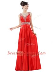 Sophisticated Red Zipper V-neck Beading Evening Dress Chiffon Sleeveless