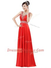 Sophisticated Red Zipper V-neck Beading Evening Dress Chiffon Sleeveless