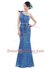 One Shoulder Blue Zipper Prom Evening Gown Sequins Sleeveless Floor Length