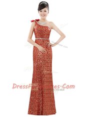 One Shoulder Floor Length Orange Prom Party Dress Sequined Sleeveless Beading and Sequins