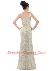 One Shoulder Floor Length Orange Prom Party Dress Sequined Sleeveless Beading and Sequins