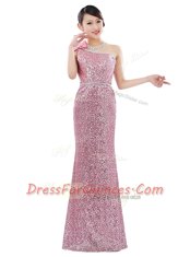 Stunning One Shoulder Pink Sequined Zipper Dress for Prom Sleeveless Floor Length Sequins