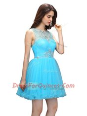 Aqua Blue Zipper Scoop Beading Prom Dress Organza Sleeveless