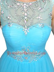 Aqua Blue Zipper Scoop Beading Prom Dress Organza Sleeveless