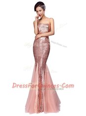 Fabulous Pink Mermaid Strapless Sleeveless Sequined Floor Length Zipper Sequins Prom Dress