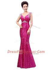 Decent Fuchsia Column/Sheath Sequined V-neck Sleeveless Sequins Floor Length Zipper Prom Dresses