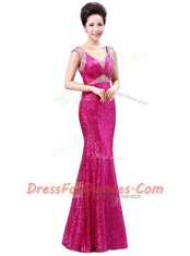 Decent Fuchsia Column/Sheath Sequined V-neck Sleeveless Sequins Floor Length Zipper Prom Dresses