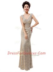 Champagne Column/Sheath V-neck Sleeveless Sequined Floor Length Zipper Sequins Prom Dress