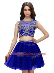 Scoop Blue Criss Cross Evening Dress Beading Sleeveless Mini Length