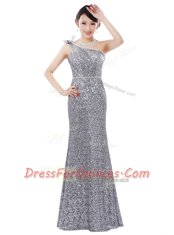 Modest Silver One Shoulder Zipper Sequins Prom Dress Sleeveless