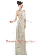 One Shoulder Champagne Column/Sheath Beading and Sequins Prom Gown Zipper Sequined Sleeveless Floor Length