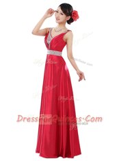 Simple Coral Red Empire Elastic Woven Satin V-neck Sleeveless Beading Floor Length Zipper