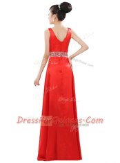 Simple Coral Red Empire Elastic Woven Satin V-neck Sleeveless Beading Floor Length Zipper