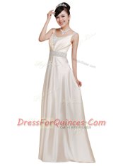 White Zipper Dress for Prom Beading Sleeveless Floor Length