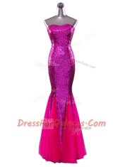 Glittering Mermaid Floor Length Fuchsia Dress for Prom Sequined Sleeveless Sequins