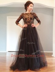 Beading and Lace Prom Dresses Black Backless 3 4 Length Sleeve Floor Length
