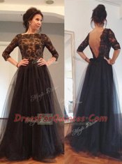 Beading and Lace Prom Dresses Black Backless 3 4 Length Sleeve Floor Length