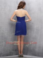 Stylish Navy Blue A-line Chiffon High-neck Sleeveless Beading Mini Length Zipper Evening Dress