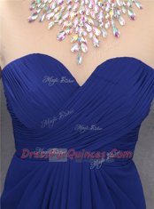 Stylish Navy Blue A-line Chiffon High-neck Sleeveless Beading Mini Length Zipper Evening Dress