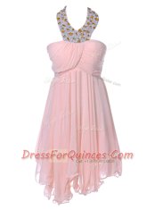 Beading Prom Gown Baby Pink Backless Sleeveless Knee Length