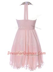 Beading Prom Gown Baby Pink Backless Sleeveless Knee Length