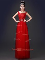 Tulle Scoop Sleeveless Zipper Appliques Evening Dress in Red