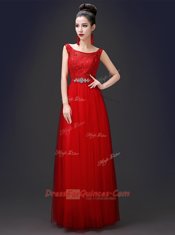 Tulle Scoop Sleeveless Zipper Appliques Evening Dress in Red