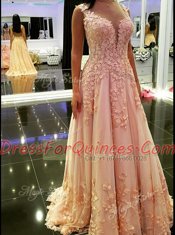 Backless Floor Length Peach Prom Evening Gown Tulle Sleeveless Appliques