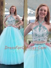 Decent Floor Length Blue Dress for Prom Halter Top Sleeveless Backless