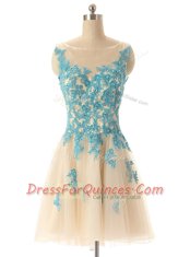 Champagne Zipper Evening Dress Beading and Appliques Sleeveless Mini Length