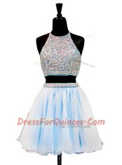 Pretty Light Blue Halter Top Zipper Beading Sleeveless
