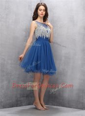 A-line Navy Blue Scoop Tulle Sleeveless Knee Length Zipper