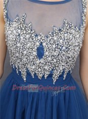 A-line Navy Blue Scoop Tulle Sleeveless Knee Length Zipper