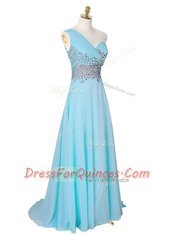 New Arrival One Shoulder Sleeveless Chiffon With Brush Train Side Zipper Prom Dresses in Aqua Blue with Beading
